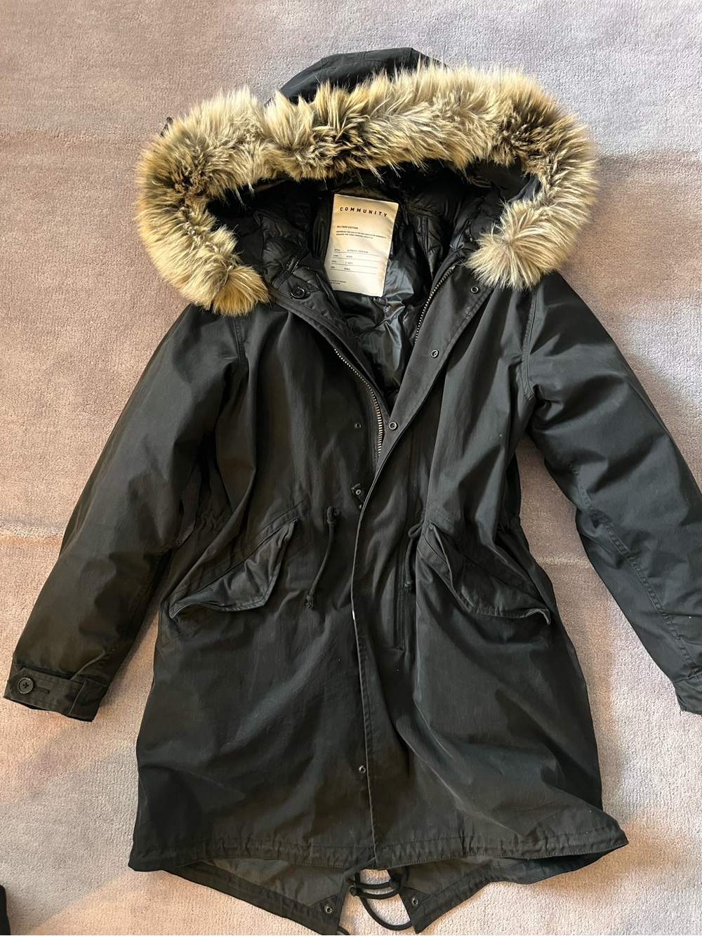 Black Faux-Fur Trim Hooded Parka Coat - Women